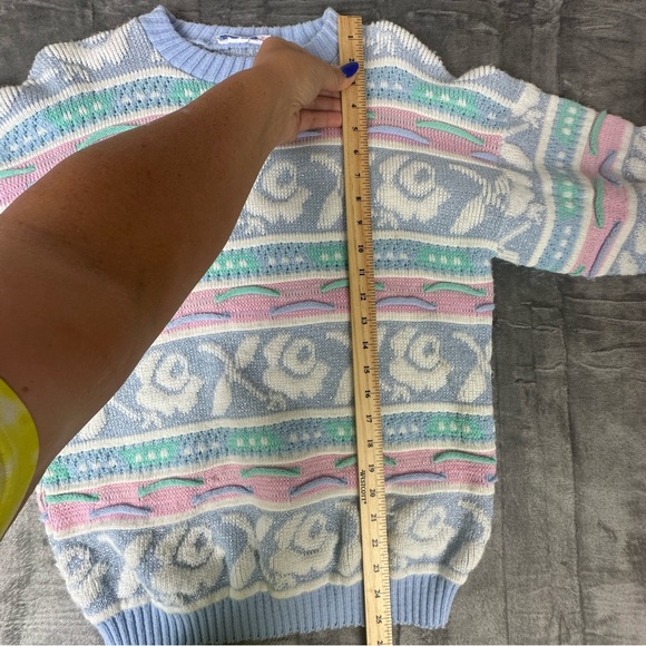 VTG 80s 90s Rose Textured 3D Knit Sweater Wms M NO SIZE TAG USA Pastel Glitter - Picture 9 of 14